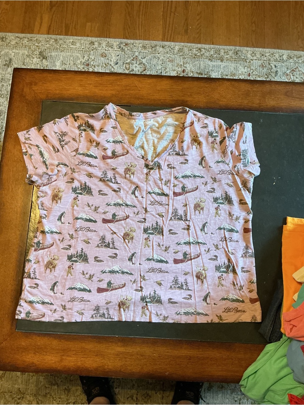 L.L. Bean Light Pink Outdoor V-Neck Tee with Canoe & Wildlife Print